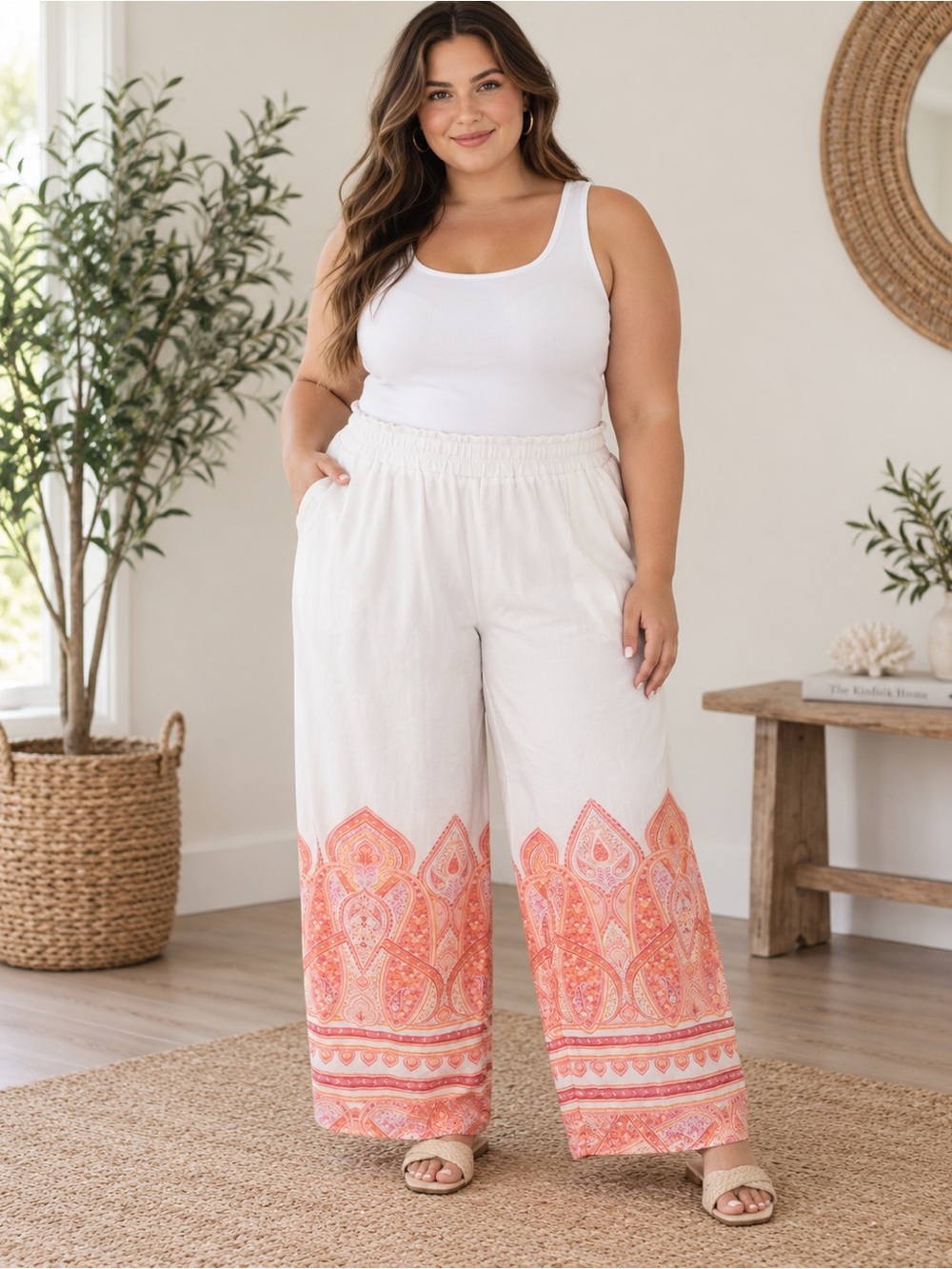 new directions White Wide-Leg Palazzo Pants with Coral Print Hem